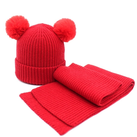Baby Kinder Winter Warm Strickmütze Schal Zwei Stücke Kunstpelz Pompon Beanie Passender Schal Outdoor Kaltes Wetter Zubehör