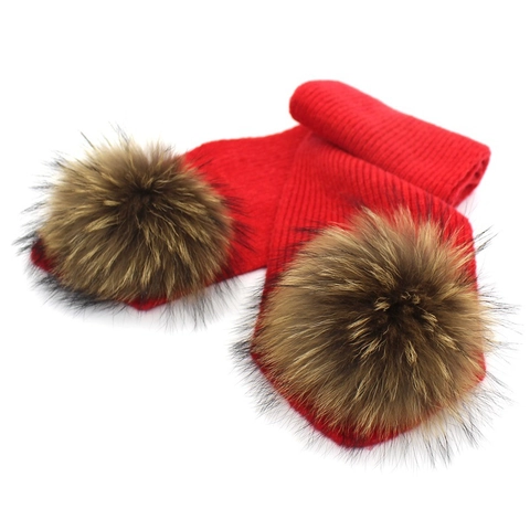 Winter Strickschal Wollmischung Für Eltern Und Kind Einfarbig Langer Schal Mit Großen Pelzbommeln Warmer Outdoor Rippenstrickschal