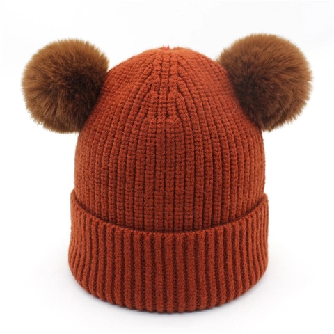 Kids Winter Warm Wool Blend Knitted Hat Cute Double Artificial Fur Pom Pom Beanie Hat For Boys Girls Toddler Children