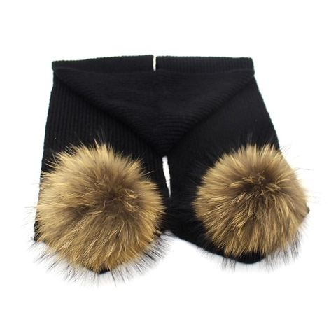 Winter Strickschal Wollmischung Für Eltern Und Kind Einfarbig Langer Schal Mit Großen Pelzbommeln Warmer Outdoor Rippenstrickschal