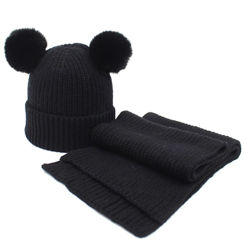 Baby Kinder Winter Warm Strickmütze Schal Zwei Stücke Kunstpelz Pompon Beanie Passender Schal Outdoor Kaltes Wetter Zubehör