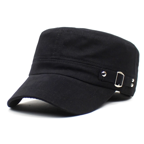 Unisex Cotton Canvas Flat Top Cadet Cap Adjustable Military Style Hat With Metal Buckle Rivets For Outdoor Travel Daily Wear