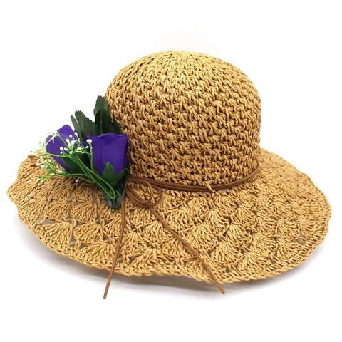 Women Raffia Straw Hat Summer Wide Brim Sun Protection Beach Hat With Floral Decoration Pastoral Holiday Sunshade Straw Braid Hat