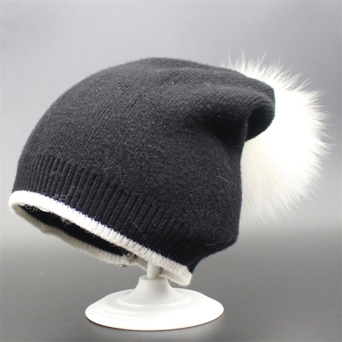 Berretto a Maglia Invernale da Donna Con Grande Pompon in Pelliccia Sintetica Morbido Cashmere Caldo Per Esterno