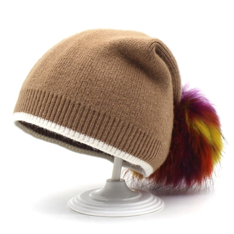 Women Winter Warm Knitted Beanie Hat With Multi Color Faux Fur Pom Pom Stripe Cuff Faux Cashmere Beanie For Daily Outdoor