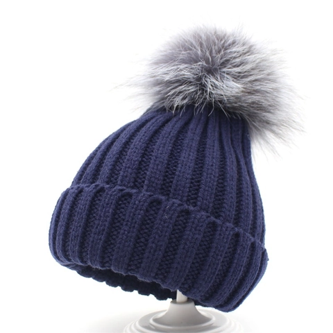 Winter Warm Acrylic Knit Beanie Hat With Large Faux Fur Pompom For Women Kids Parent-Child Soft Ribbed Folded Brim Skull Cap
