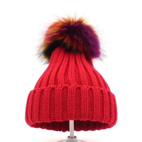 Women Kids Winter Warm Knitted Beanie Hat With Large Colorful Faux Fur Pom-pom Ribbed Cuffed Parent-child Crochet Skull Cap