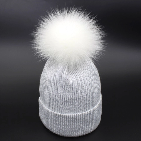 Women Winter Knitted Beanie Hat With Large Fur Pom Pom Metallic Glitter Shiny Ribbed Warm Crochet Skull Cap For Ladies