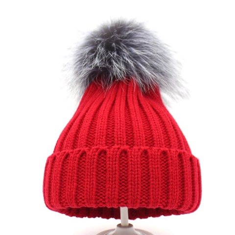 Winter Warm Acrylic Knit Beanie Hat With Large Faux Fur Pompom For Women Kids Parent-Child Soft Ribbed Folded Brim Skull Cap