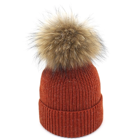 Dames Casual Geribbelde Gebreide Beanie Muts Met Pluizige Wasbeerbont Pompon Warme Wintermode Omslag Muts Voor Buiten
