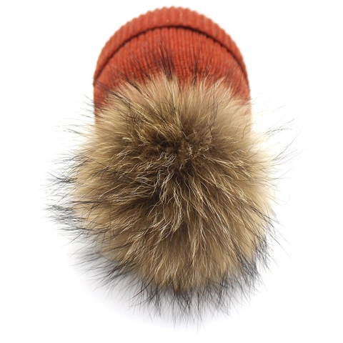 Dames Casual Geribbelde Gebreide Beanie Muts Met Pluizige Wasbeerbont Pompon Warme Wintermode Omslag Muts Voor Buiten