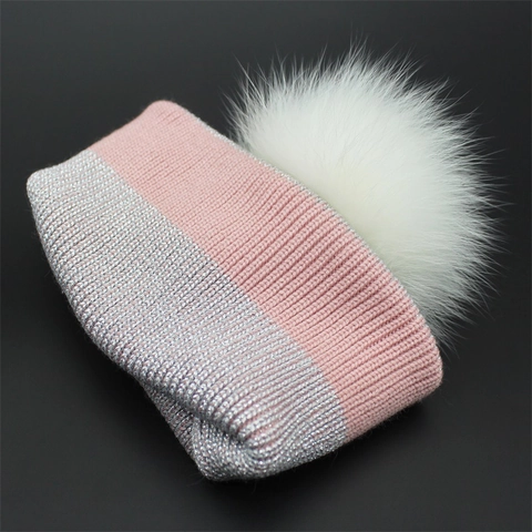 Women Winter Knitted Beanie Hat With Large Fur Pom Pom Metallic Glitter Shiny Ribbed Warm Crochet Skull Cap For Ladies