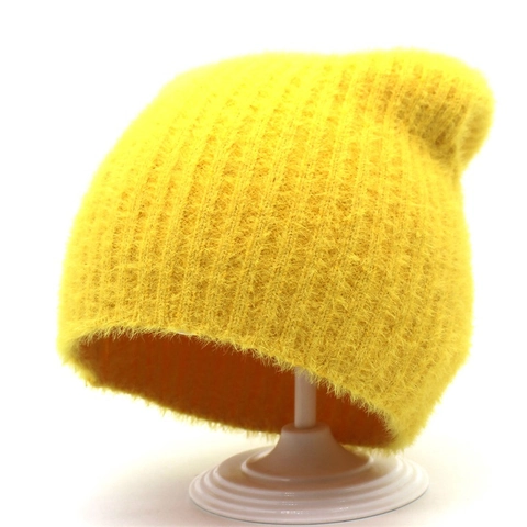 Women Winter Faux Mink Fur Knitted Beanie Hat Warm Solid Color Ribbed Fluffy Soft Thermal Skull Cap For Outdoor Daily Wear