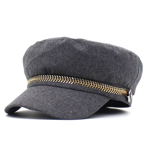 Cappello Baker Boy in Lana Vintage per Donna Tinta Unita Berretto Newsboy Con Decorazione a Catena in Metallo Dorato Stile Militare
