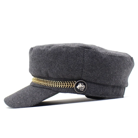 Cappello Baker Boy in Lana Vintage per Donna Tinta Unita Berretto Newsboy Con Decorazione a Catena in Metallo Dorato Stile Militare