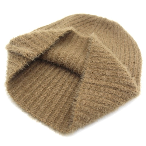 Women Winter Faux Mink Fur Knitted Beanie Hat Warm Solid Color Ribbed Fluffy Soft Thermal Skull Cap For Outdoor Daily Wear