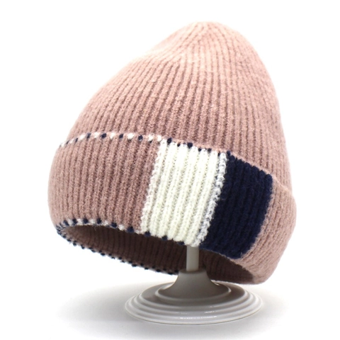 Women Winter Warm Knit Beanie Fleece Lined Wool Blend Rolled Edge Hat Striped Contrast Color Block Outdoor Beanie Cap