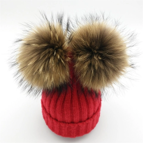 Donna Bambini Doppio Pompon Beanie Cappello Inverno Caldo Lana Maglia Polsino a Coste Teschio Berretto Genitore-Figlio Tinta Unita Carino Orecchio Berretti