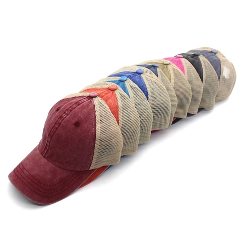 Cappello Trucker in Cotone Lavato Vintage con Rete per Uomo Donna Regolabile Traspirante Tinta Unita Cappellino da Baseball Parasole