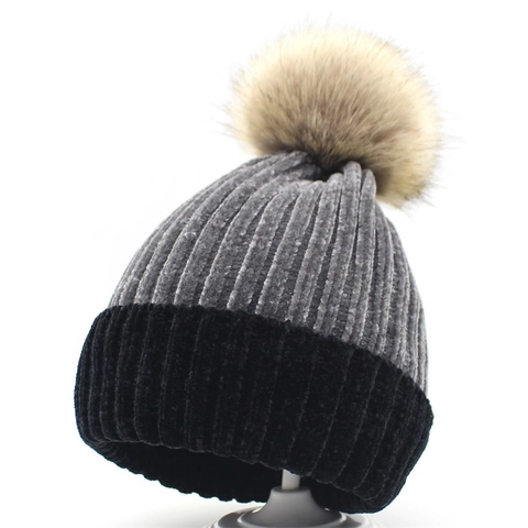 Women Chenille Knit Beanie Hat Thick Warm Winter Pom Pom Hat Color Block Ribbed Pullover Cap For Ladies Outdoor Travel