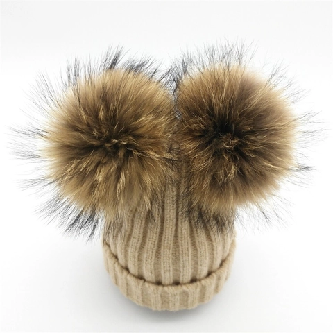 Donna Bambini Doppio Pompon Beanie Cappello Inverno Caldo Lana Maglia Polsino a Coste Teschio Berretto Genitore-Figlio Tinta Unita Carino Orecchio Berretti
