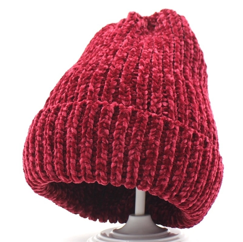 Berretto Invernale Caldo in Maglia di Ciniglia per Donna Tinta Unita a Costine Maglia Grossa Morbido Bordo Arrotolato
