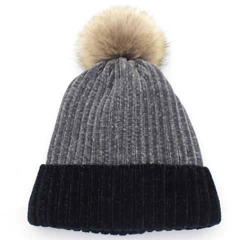 Women Chenille Knit Beanie Hat Thick Warm Winter Pom Pom Hat Color Block Ribbed Pullover Cap For Ladies Outdoor Travel