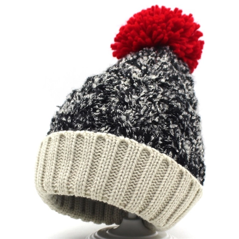 Gorro de Punto Veteado Grueso para Mujer Invierno Con Pompon Grande Cálido Slouchy Outdoor Gorro con Dobladillo