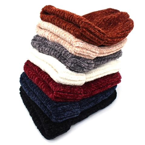 Berretto Invernale Caldo in Maglia di Ciniglia per Donna Tinta Unita a Costine Maglia Grossa Morbido Bordo Arrotolato