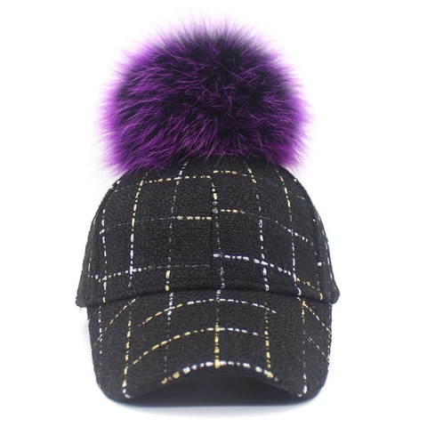 Gorra de Béisbol Vintage a Cuadros para Mujer Con Pompon de Piel de Zorro Púrpura Ajustable Hilo Metálico Invierno