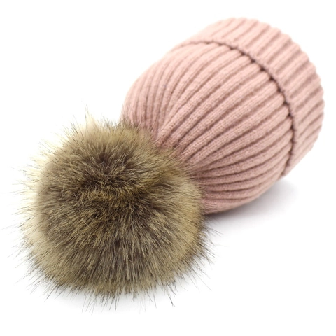 Gorro de Punto Cálido de Invierno para Mujeres y Niños Con Pompon de Piel Sintética Gorro de Punto Acanalado para Padres e Hijos