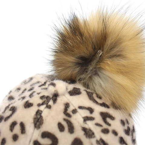 Dames Mode Luipaardprint Wolmix Baseballpet Met Grote Bont Pompon Winter Warm Verstelbare Luipaard Patroon Hoed
