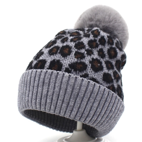 Winterwarme Gebreide Muts Met Luipaardprint En Pompon Van Imitatiebont Met Fleece Gevoerd Voor Dames En Kinderen