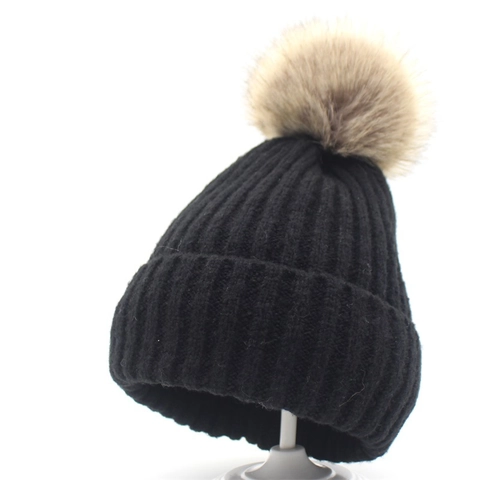 Damen Winter Strickmütze Mit Kunstpelz Bommel Dick Gefüttert Warm Beanie Outdoor Weich Gerippte Mütze Damen Accessoires