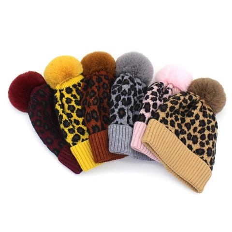 Winterwarme Gebreide Muts Met Luipaardprint En Pompon Van Imitatiebont Met Fleece Gevoerd Voor Dames En Kinderen