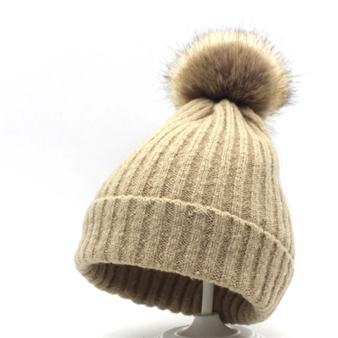 Damen Winter Strickmütze Mit Kunstpelz Bommel Dick Gefüttert Warm Beanie Outdoor Weich Gerippte Mütze Damen Accessoires