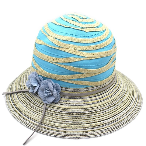 Chapeau de Soleil Femme en Paille Rayé Avec Décoration Florale Protection Solaire Été Plage Voyage pour Dames
