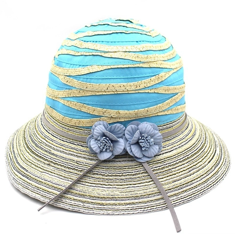 Chapeau de Soleil Femme en Paille Rayé Avec Décoration Florale Protection Solaire Été Plage Voyage pour Dames