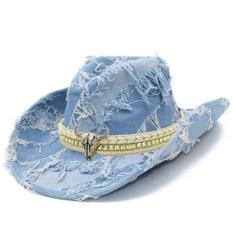 Cappello da Cowboy Western in Denim Distressed Con Decorazione in Metallo a Teschio di Toro Rivetti Bordo Sfrangiato