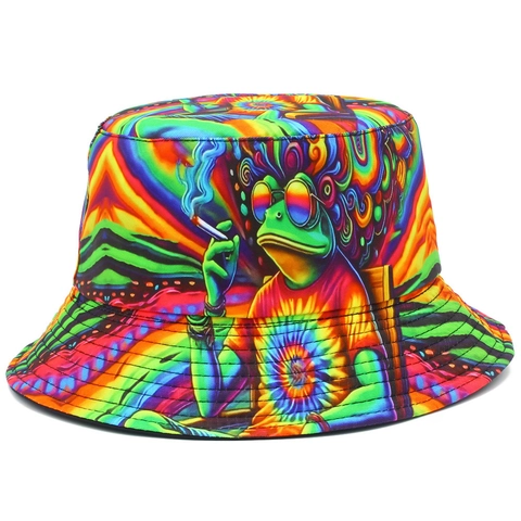 Cappello da Pescatore Reversibile in Cotone con Stampa Rana Psichedelica Tie-dye Arcobaleno Rana che Fuma Parasole Streetwear