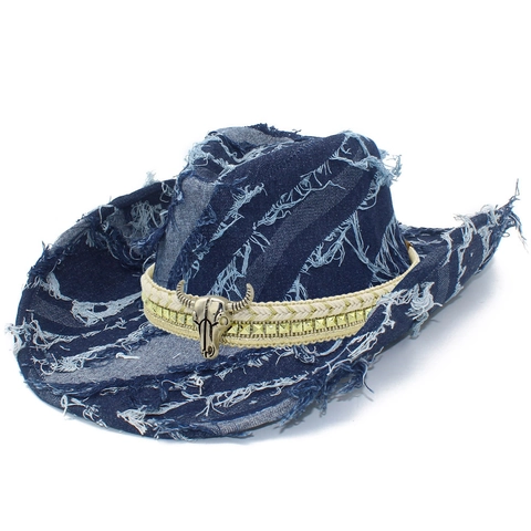 Cappello da Cowboy Western in Denim Distressed Con Decorazione in Metallo a Teschio di Toro Rivetti Bordo Sfrangiato
