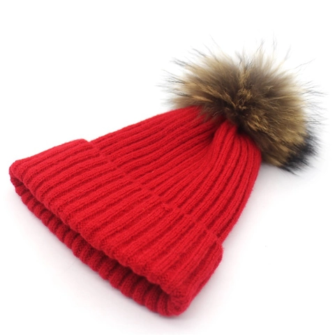 Damen Winter Warm Wolle Strickmütze Mit Waschbärfell-Bommel Einfarbig Rippenstrick Outdoor Thermal Beanie Mütze