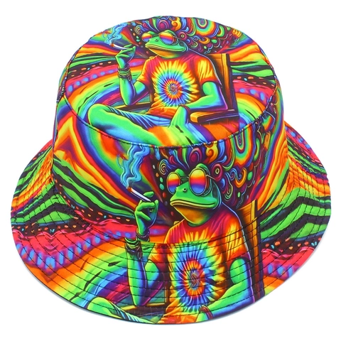 Cappello da Pescatore Reversibile in Cotone con Stampa Rana Psichedelica Tie-dye Arcobaleno Rana che Fuma Parasole Streetwear