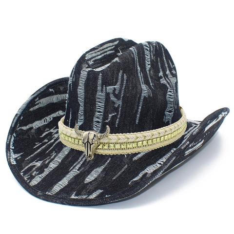 Vintage Western Cowboy Hat Denim Distressed Bull Skull Rivet Decor Wide Brim Knight Hat For Outdoor Party Men Women Hat