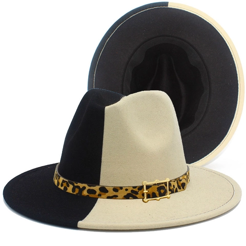Two Tone Color Block Fedora Hat For Women Men Leopard Print Band Metal Buckle Vintage Wide Brim Jazz Hat Cotton Blend Felt Hat