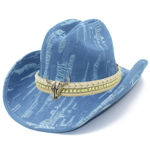 Vintage Western Cowboy Hat Denim Distressed Bull Skull Rivet Decor Wide Brim Knight Hat For Outdoor Party Men Women Hat
