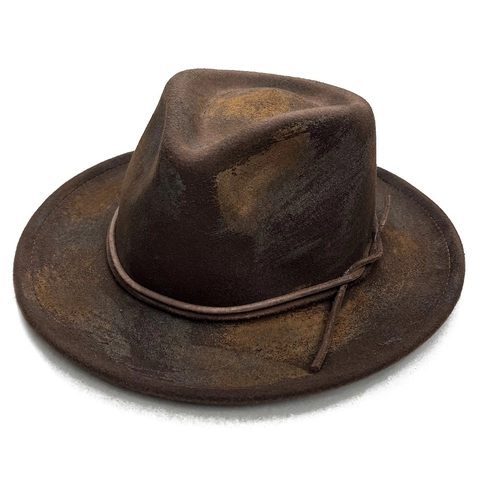 Vintage Distressed Fedora Hat For Men Women Western Cowboy Jazz Hat With Leather Cord Smoky Look Brown Wide Brim Felt Hat