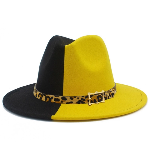 Two Tone Color Block Fedora Hat For Women Men Leopard Print Band Metal Buckle Vintage Wide Brim Jazz Hat Cotton Blend Felt Hat