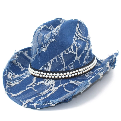 Distressed Denim Cowboy Hat For Women Men Frayed Tassel Western Hat With Faux Artificial Pearl Fashion Streetwear Hip Hop Sun Hat
