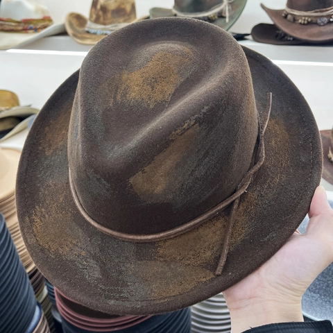 Vintage Distressed Fedora Hat For Men Women Western Cowboy Jazz Hat With Leather Cord Smoky Look Brown Wide Brim Felt Hat